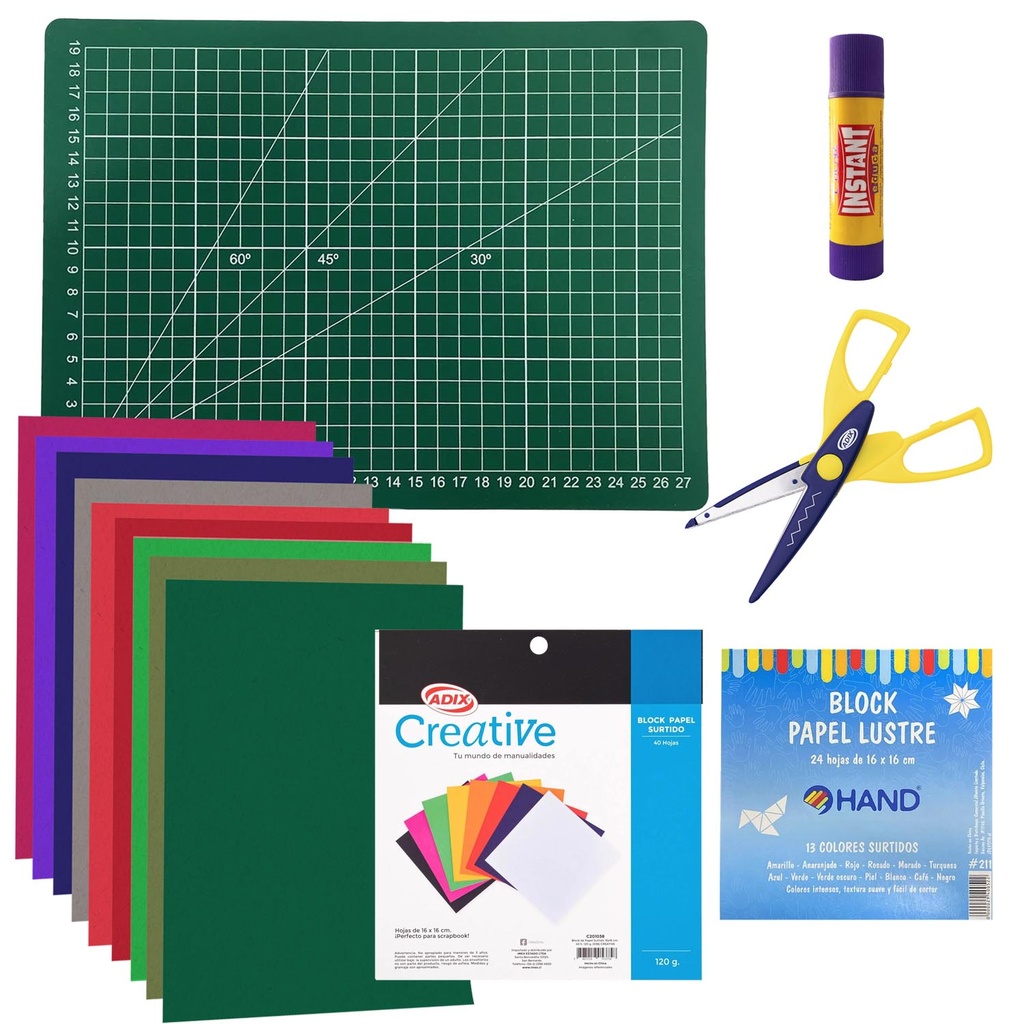 [PROMO03] Base de Corte A4(Verde) + Tijera Zig Zag + Pegamento en Barra + Papeles