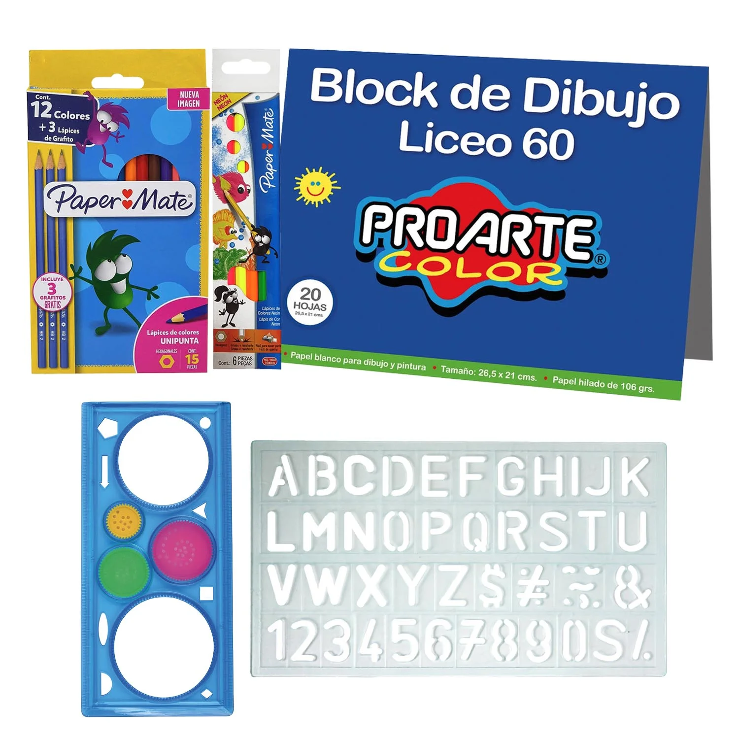 [PROMO20] Block Liceo + Plantilla Letras + Espirógrafo + 21 Lápices de Colores