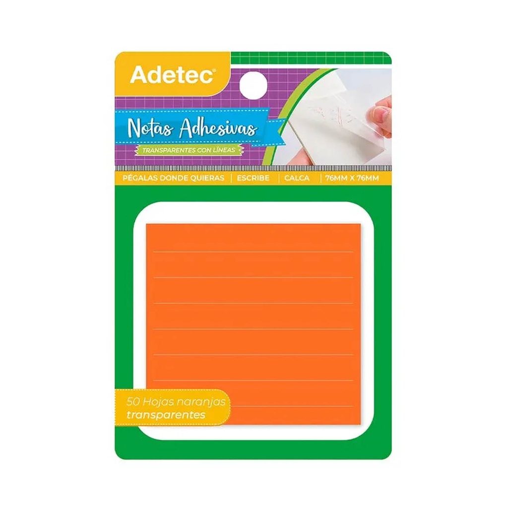 Notas Adhesivas Adetec Naranja Transparentes Con Líneas 50 hjs