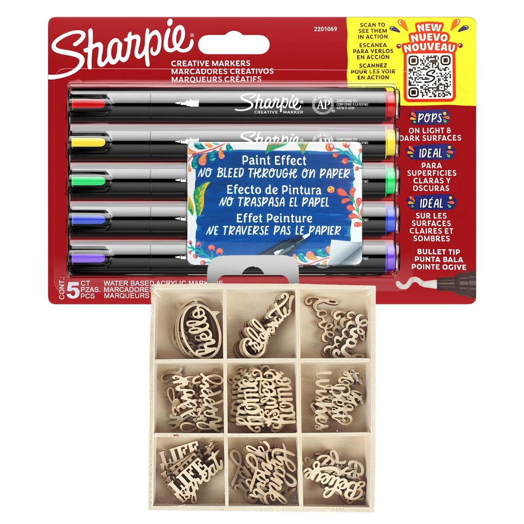 5 Marcadores Sharpie Acrílico Punta Bala + Set de Palabras en Madera