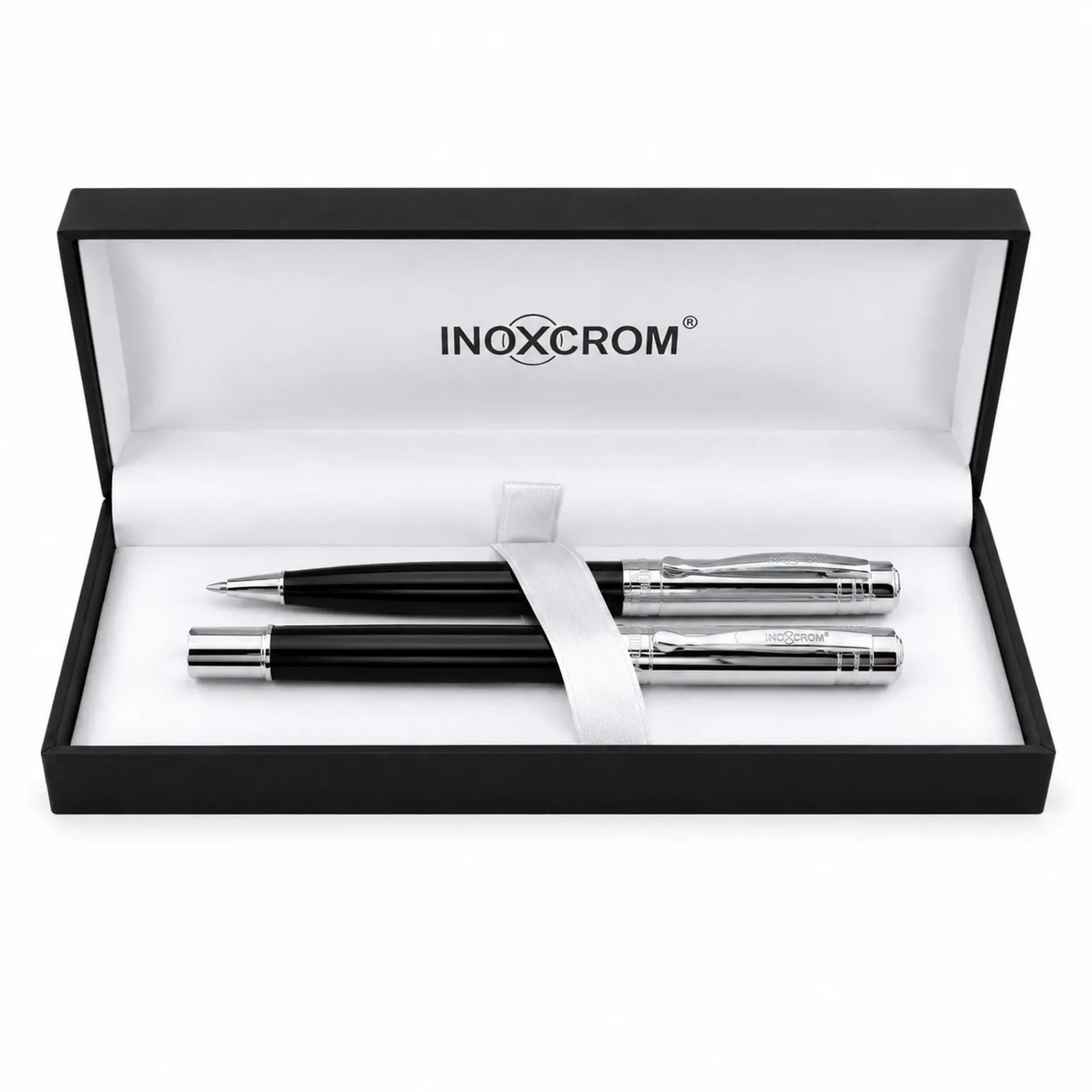 [40152535] Juego Bolígrafo + Pluma Inoxcrom Arc Negro Carbone