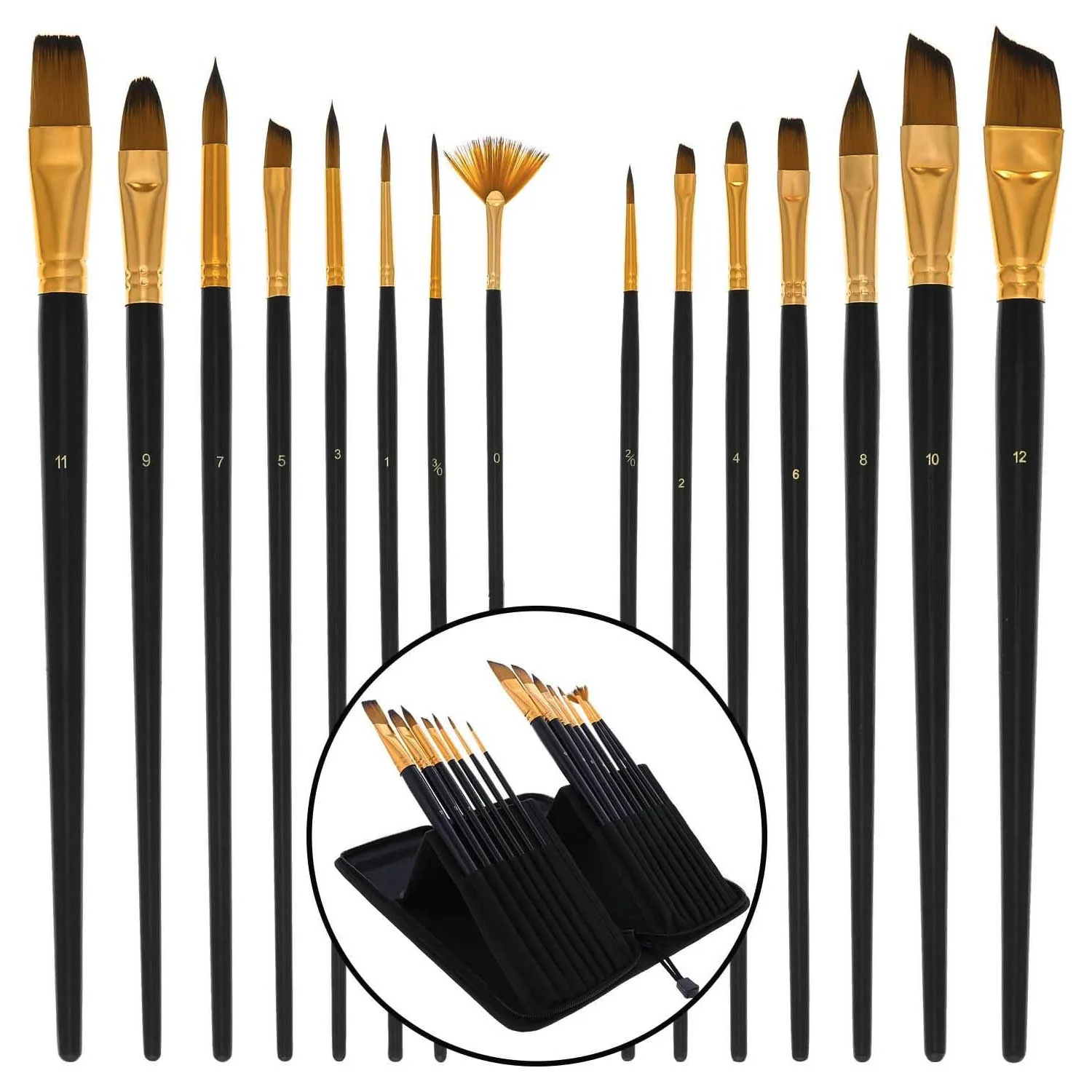 Pinceles para Acuarela y Acrílico con Estuche Tela Renart Set 15 pcs.