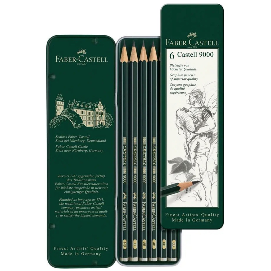 Lápices Grafito Faber-Castell 9000 (HB-8B) 6ud