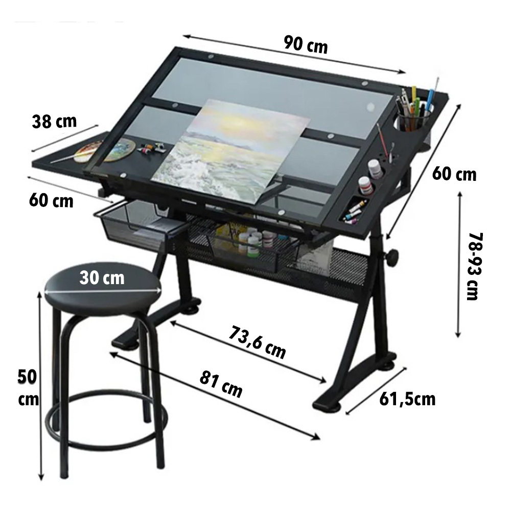 Mesa de Dibujo Profesional Negra Tablero de Vidrio Ajustable