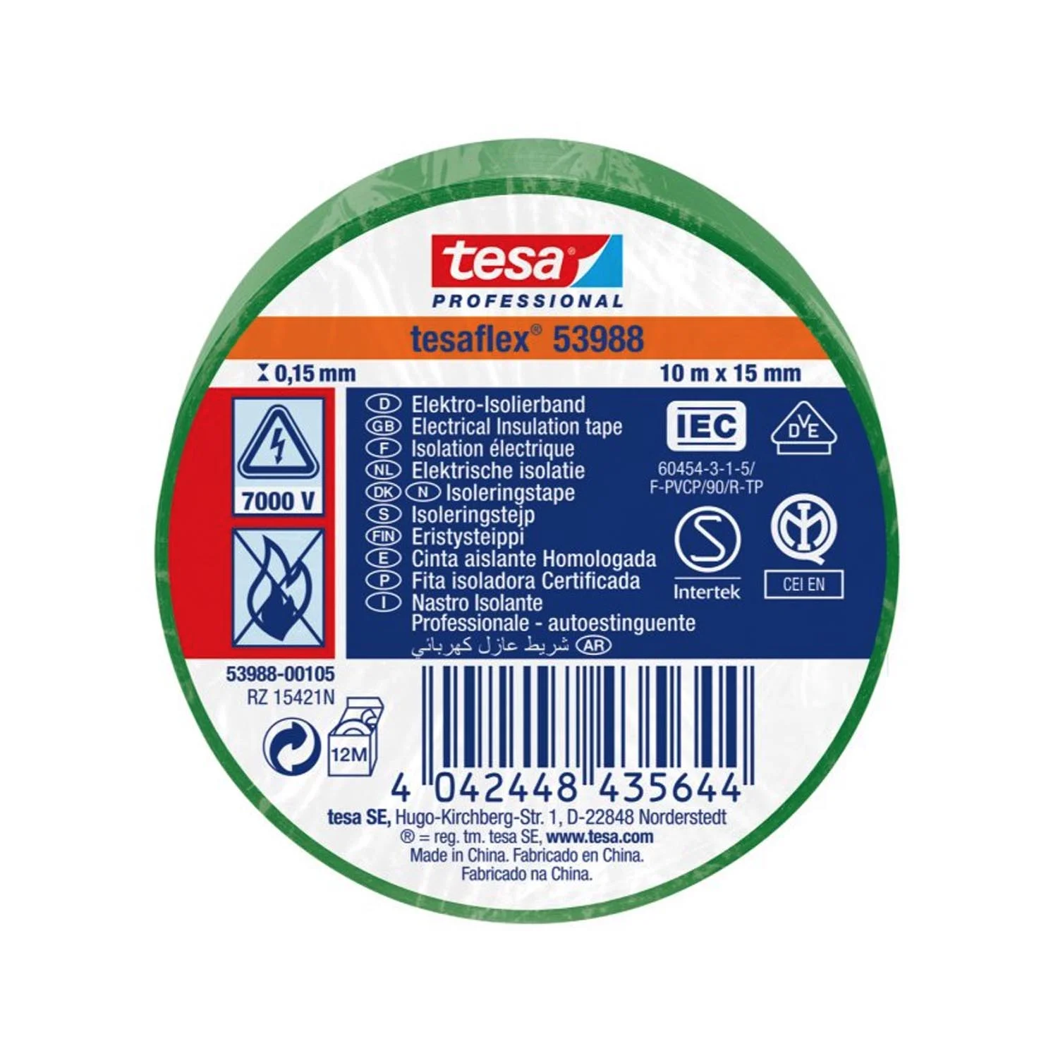[53988-00105] Cinta Aislante Tesa Verde 15mm X 10 mts.