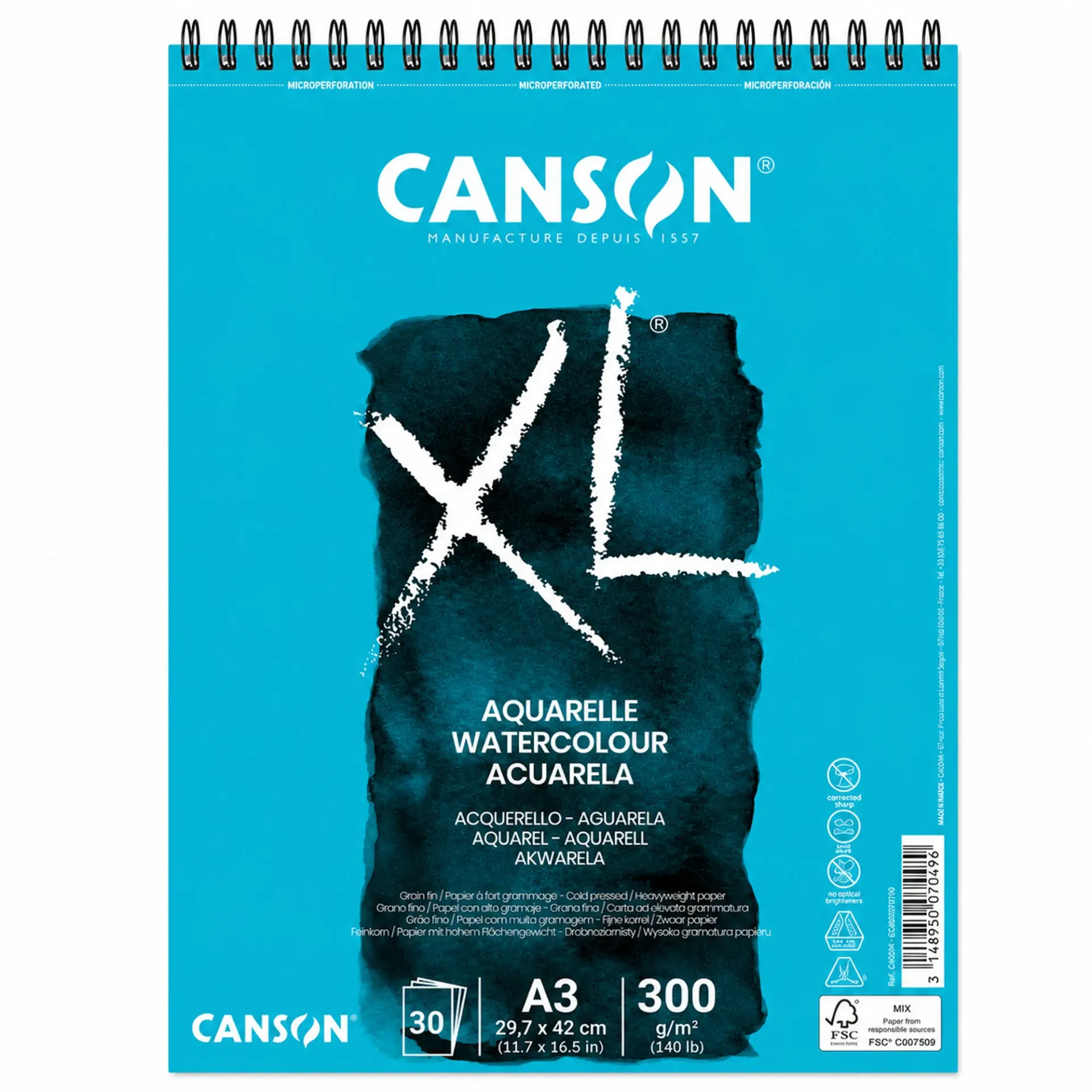 Croquera Canson XL Aquarelle 300gr 30 hjs A3 (29.7x42cm)