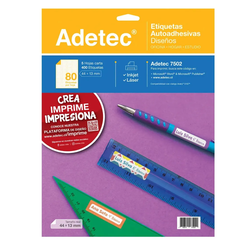 [7502] Etiquetas Autoadhesivas para Impresión Adetec Escolar 5 hjs (44x13mm)