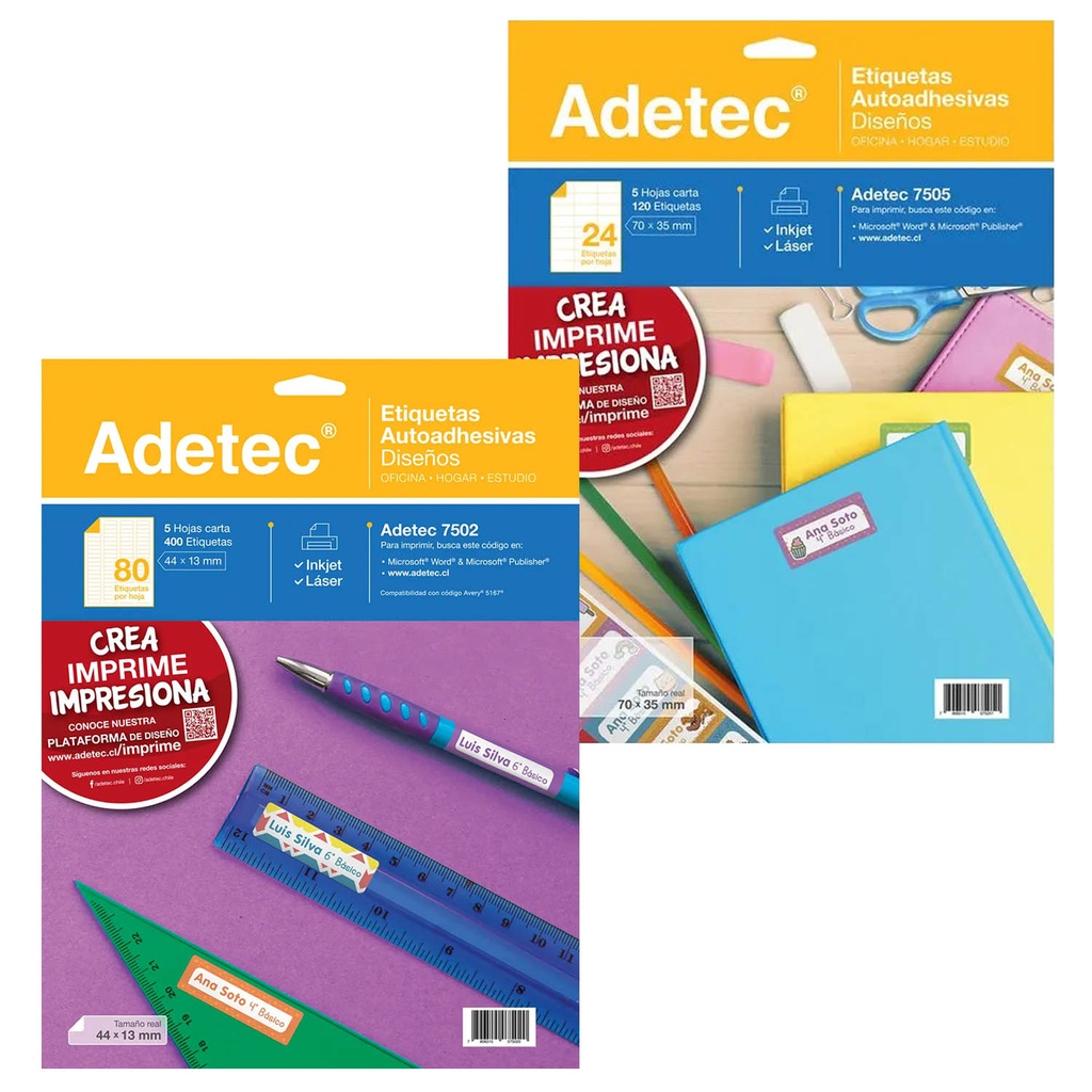 [7502] Etiquetas Autoadhesivas para Impresión Adetec Escolar 5 hjs (44x13mm)