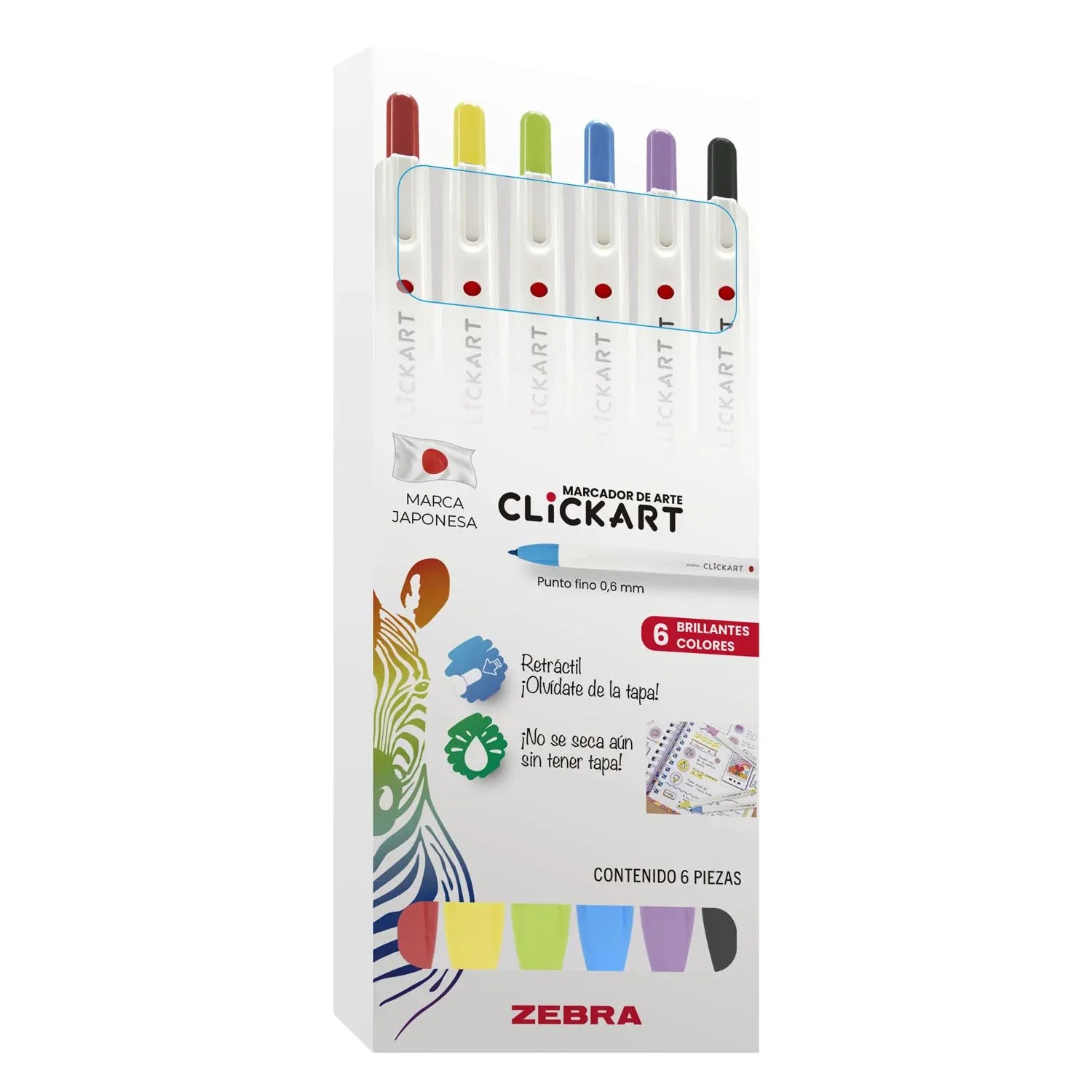 Marcadores Clickart Zebra Retráctil Punta Fina 6ud