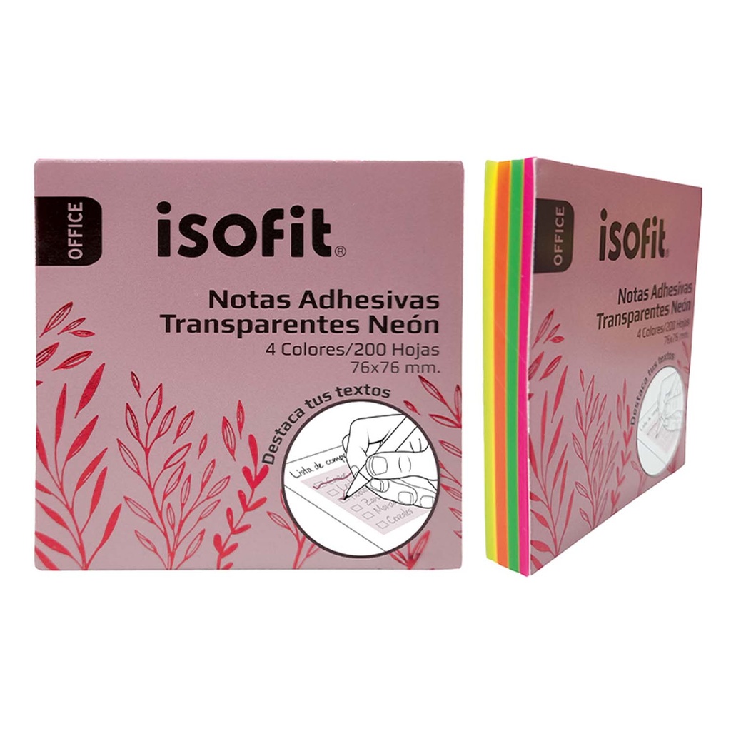 [36167-4] Notas Adhesivas Transparentes 4 Colores NeónIsofit 76x76mm