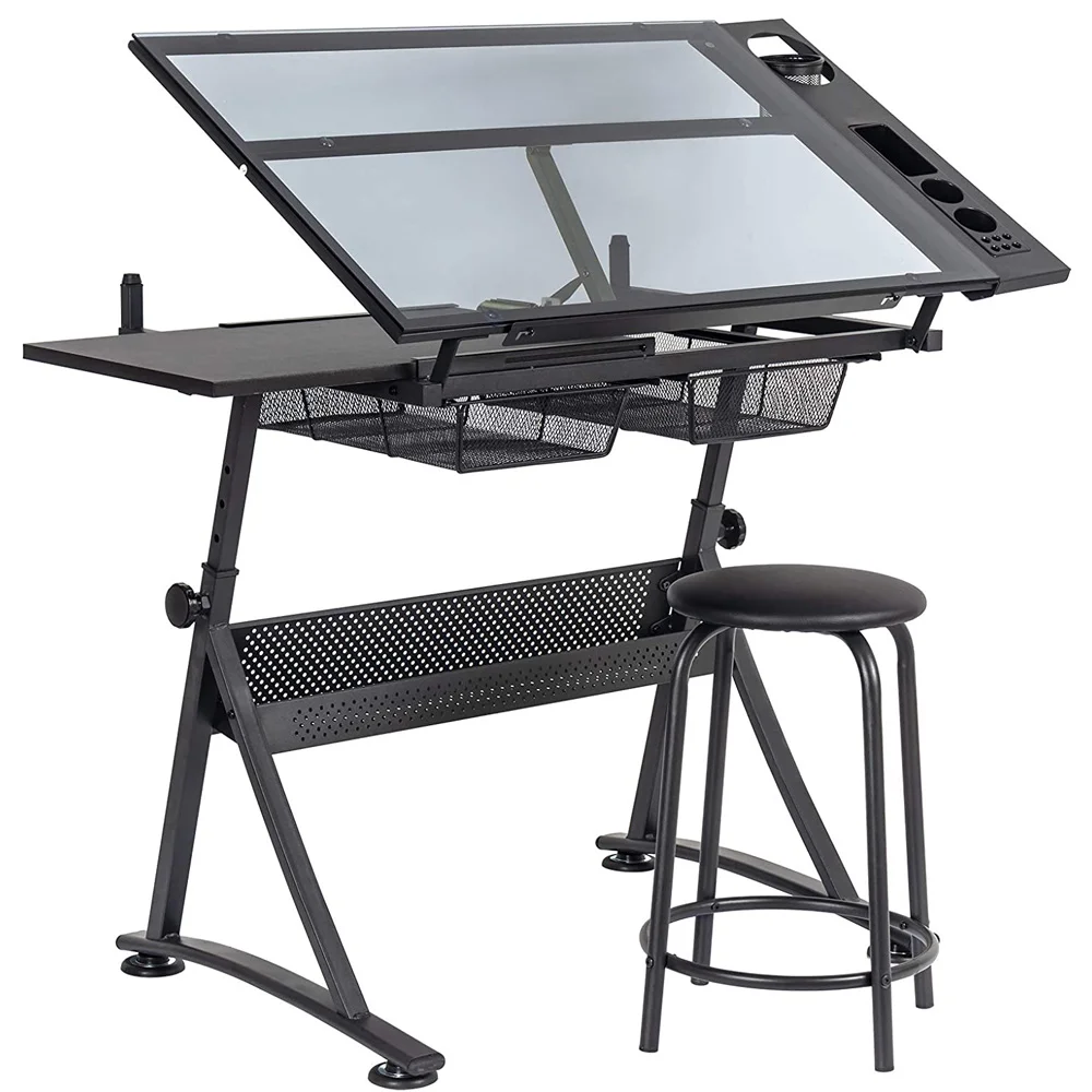 Mesa de dibujo Renart negra con tablero de vidrio ajustable y taburete