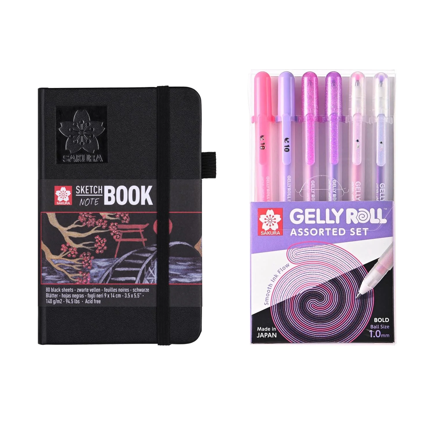 [PROMO29] Sketchbook Sakura Hoja Negra 9x14 + Set Gelly Roll Rosado y Morado