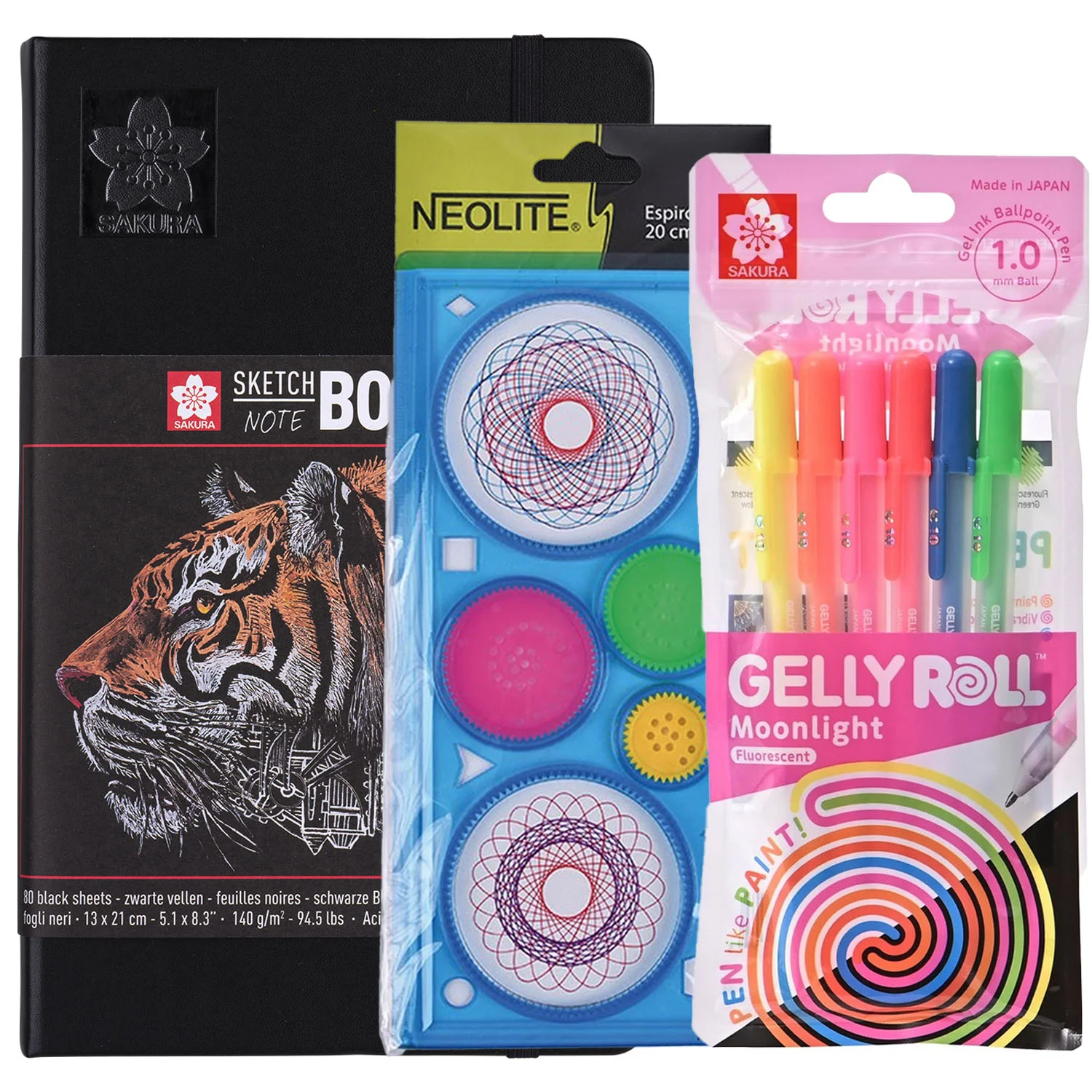 Sketchbook hoja negra + Espirógrafo + Set 12 colores Gelly Roll