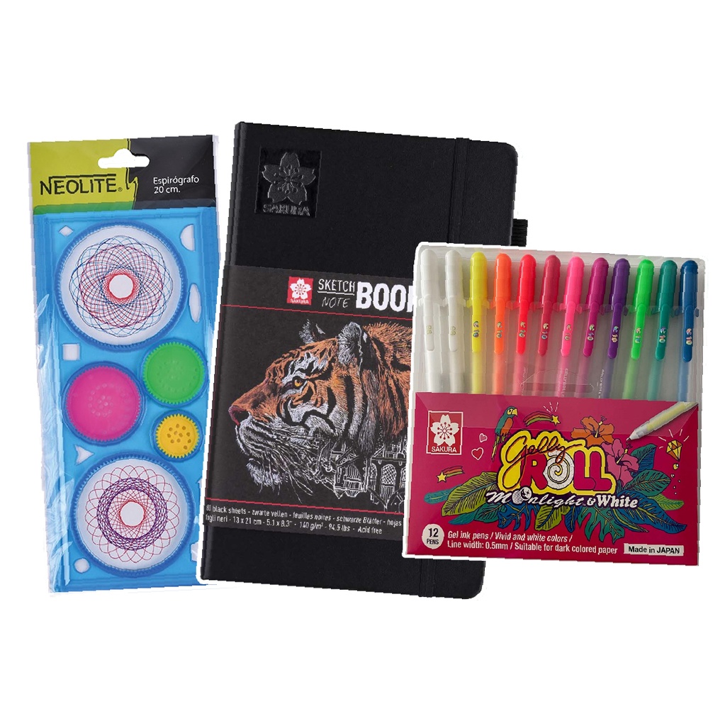 Sketchbook hoja negra + Espirógrafo + Set 12 colores Gelly Roll