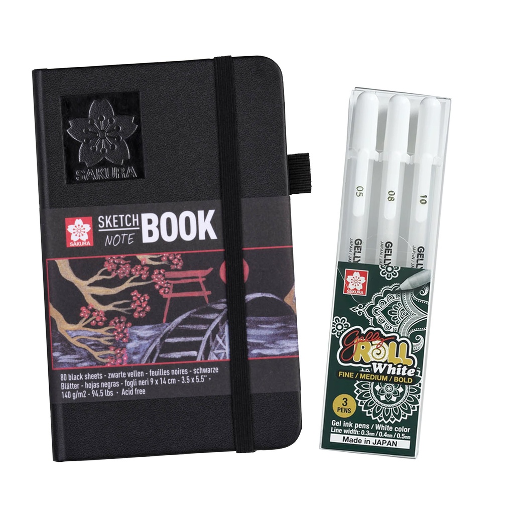 Sketchbook Sakura Hoja Negra 9x14 + Set 3 Gelly Roll Blanco