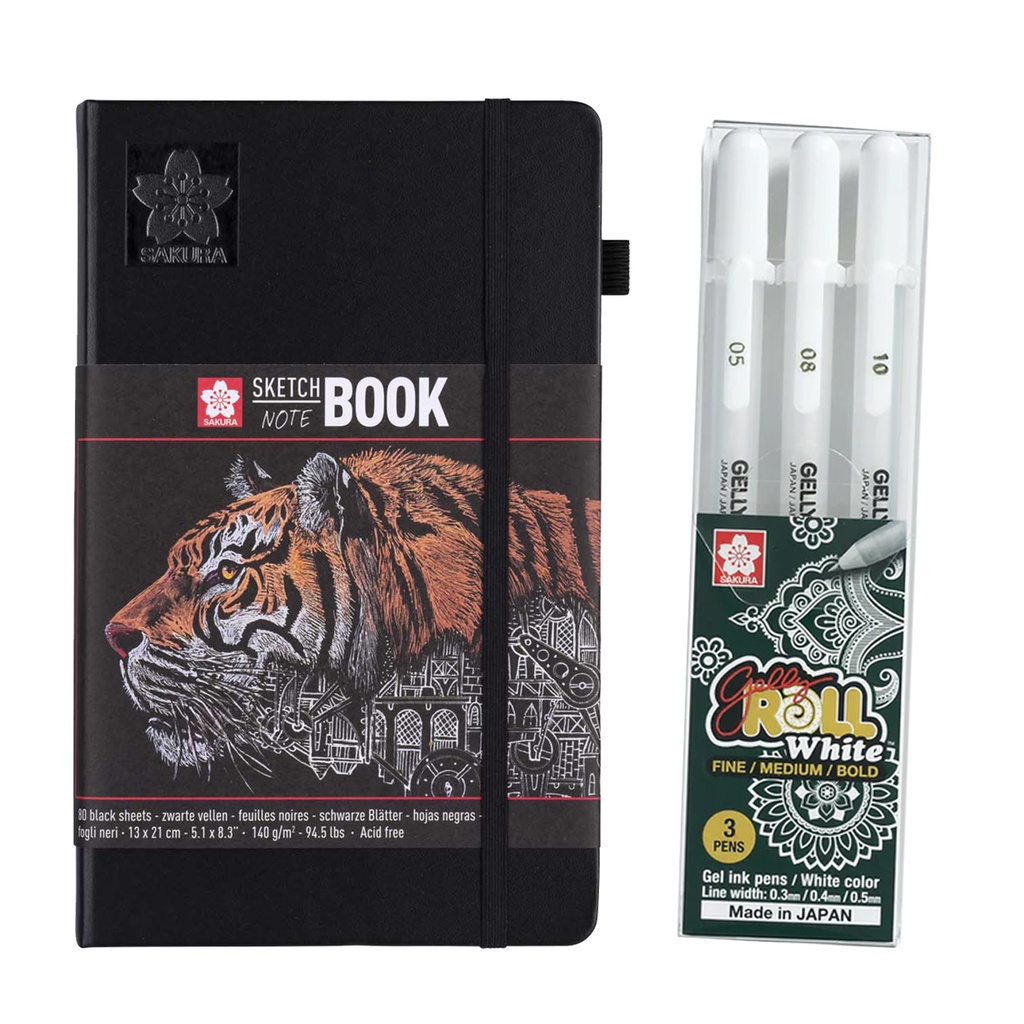 Sketchbook Sakura Hoja Negra 13x21 + Set 3 Gelly Roll Blanco