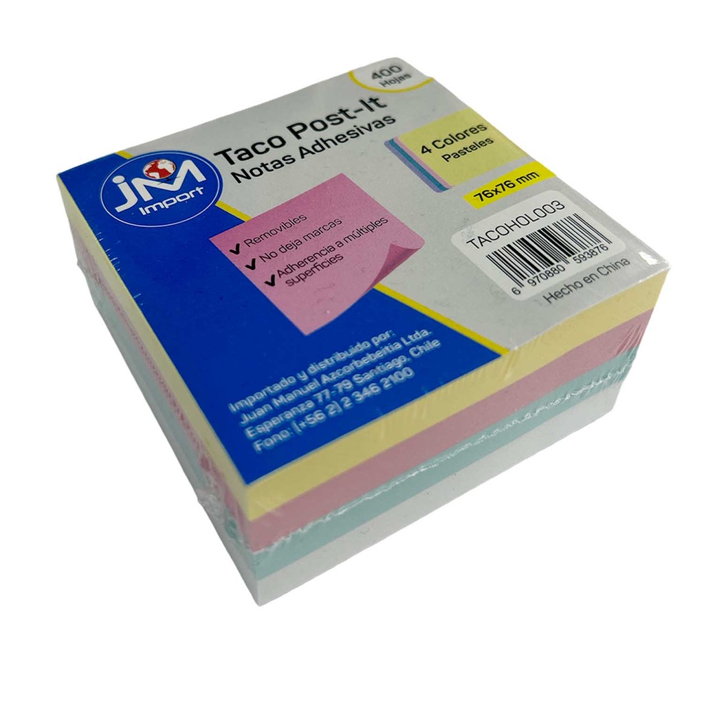 Taco de Notas adhesivas Colores Pastel Post It 75x75mm 400hj
