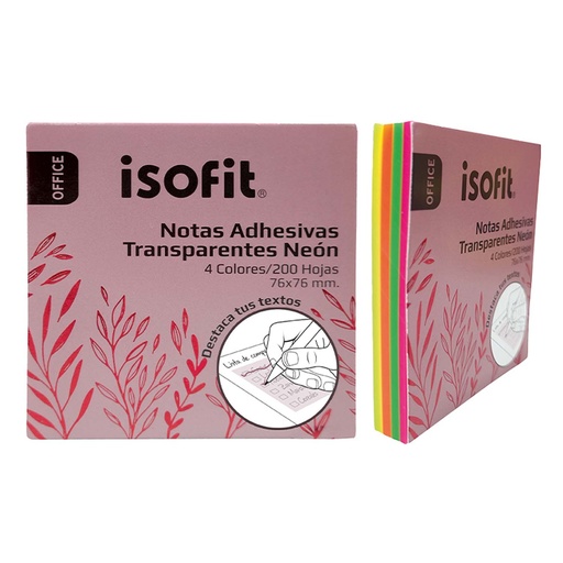 Notas Adhesivas Transparentes 4 Colores NeónIsofit 76x76mm