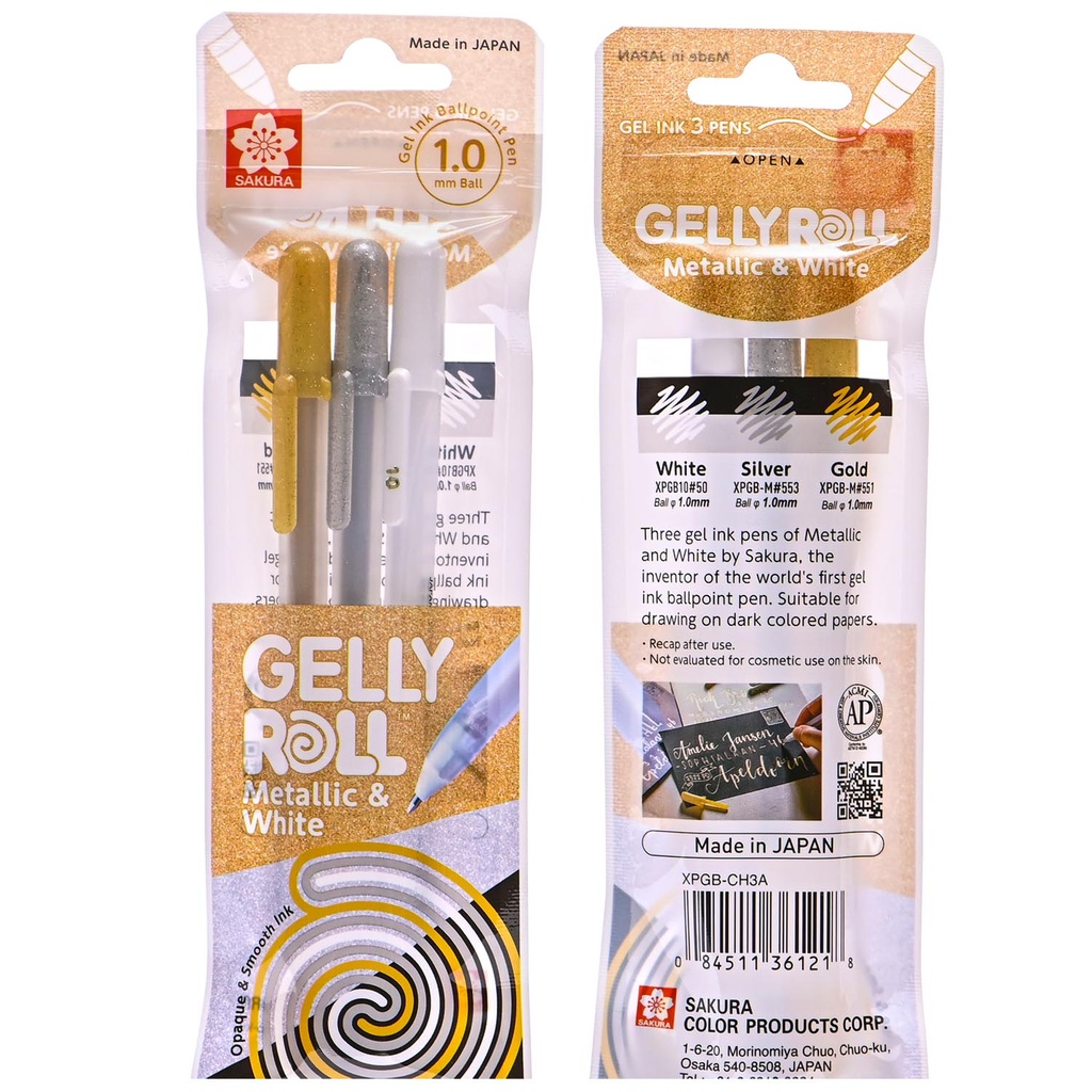 Set de lápices gel Gelly Roll 3 Colores (Oro, Plata y Blanco)