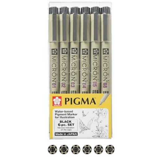 Set de Tiralíneas Sakura 6 Grosores Negro Pigma Micron