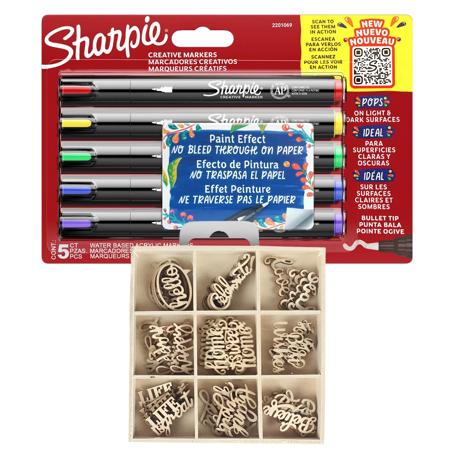 [PROMO23] 5 Marcadores Sharpie Acrílico Punta Bala + Set de Palabras en Madera