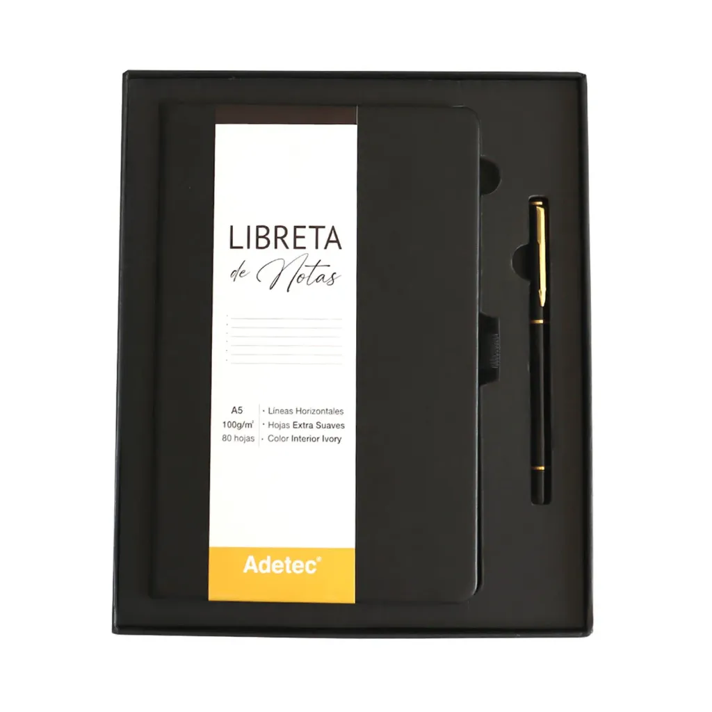 [1630] Libreta Cosida Adetec A5 con Lápiz y Caja de Regalo