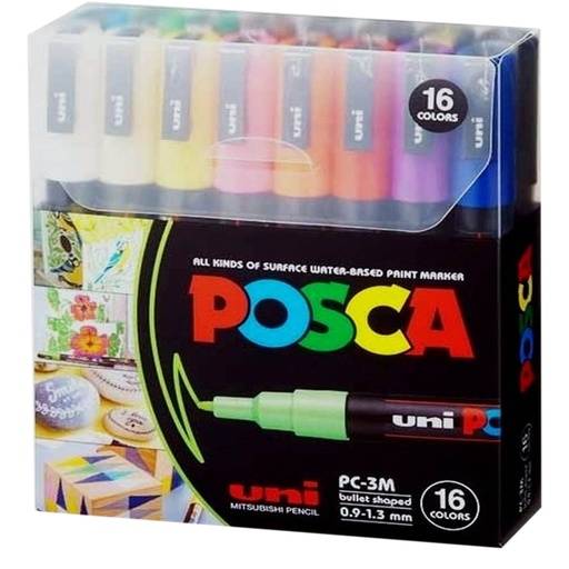 Marcador Uni Posca 16 Colores 3M (0.9 mm-1.3mm)