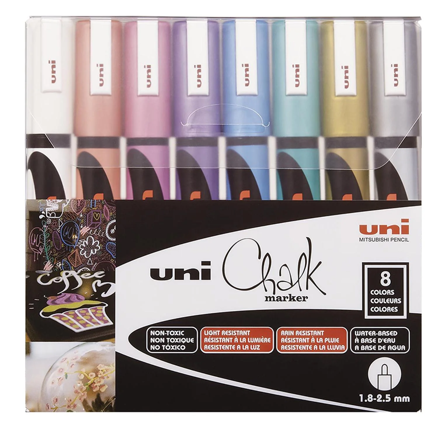 [186209] Marcador Tiza Liquida Uni-Ball UniChalk 8 Colores Metálico 5M