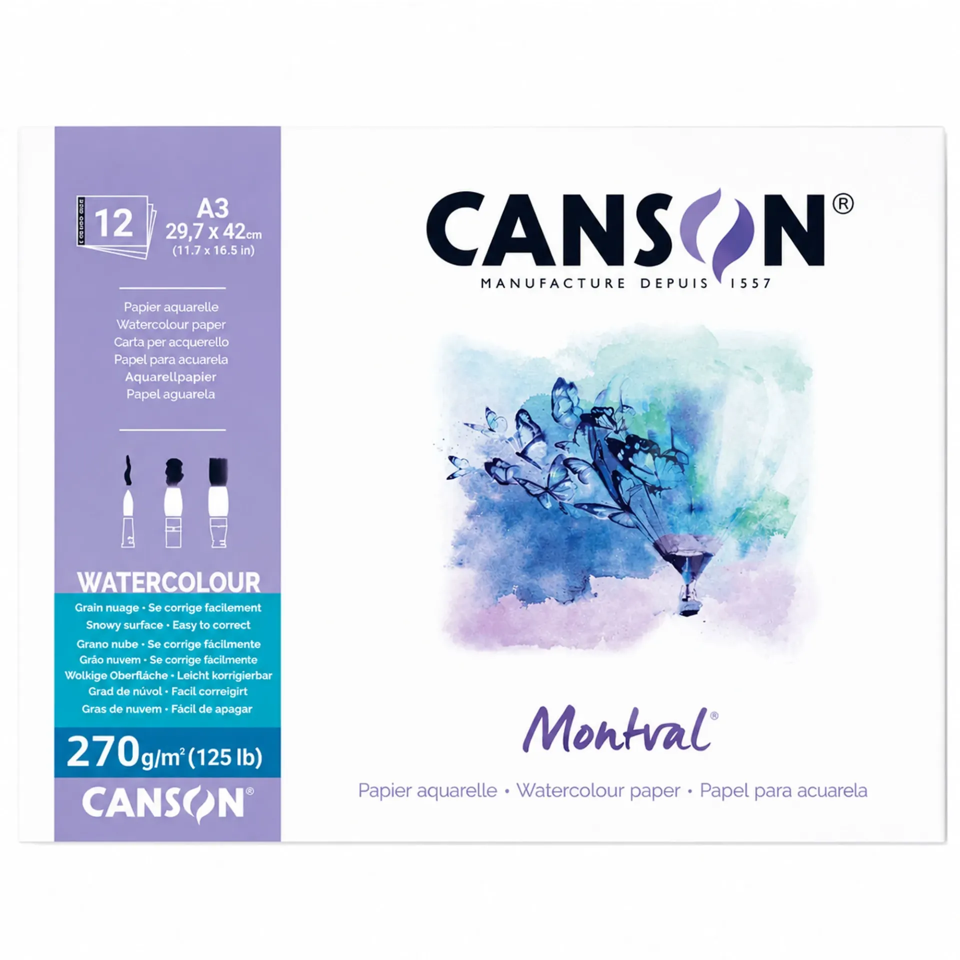 [C200807325] Block Acuarela Canson Montval 29.7x42cm 270gr Grano Nube 12 Hj