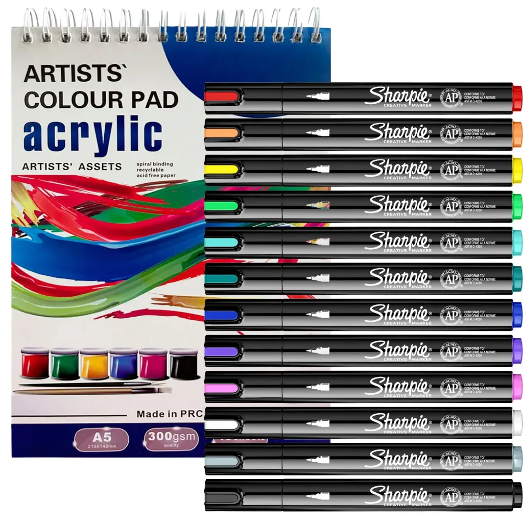 [PROMO31] 12 Marcadores Sharpie Acrílico Punta Bala + Croquera Para Acrílico Papel 300gr