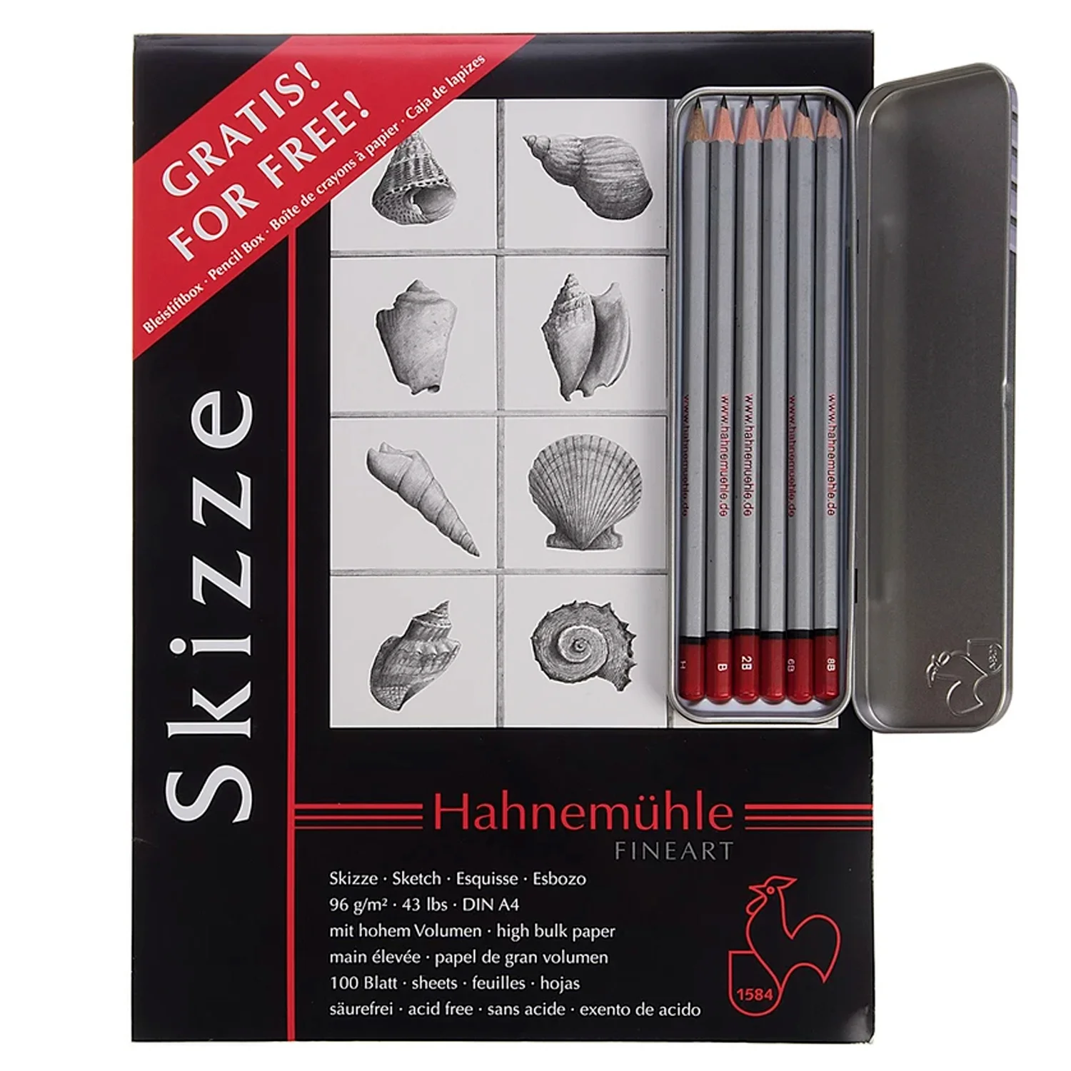 [10650047] Block para Bocetos Hahnemühle (2und)+6 Lápices 96gr. 100hj